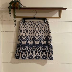 J. Crew Blue and White Skirt w/Zipper in back, floral and leaf design, size 4